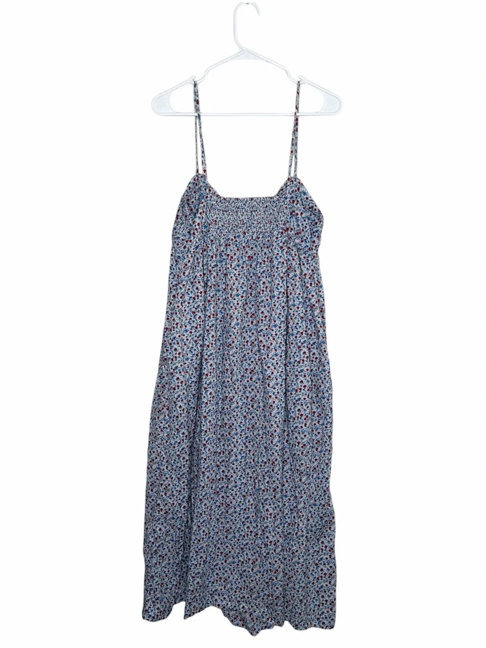 J. Crew White Floral Midi Dress with Red and Blue Accents